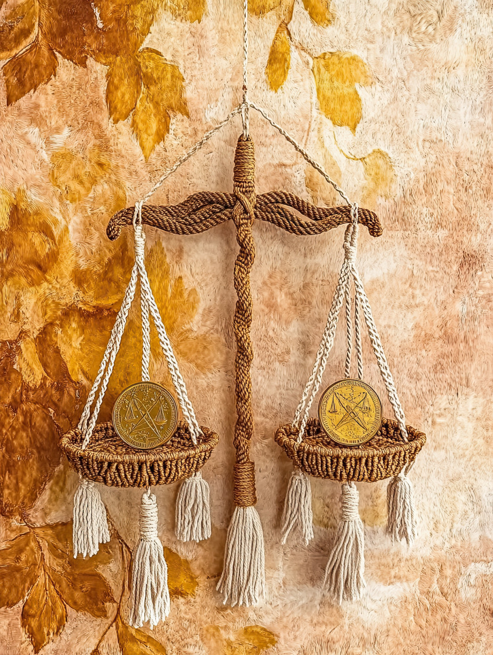 Balance scale or coin framed with macrame, symbolizing harmony and craftsmanship, a stunning piece for macrame, macrame cord, macrame yarn lovers