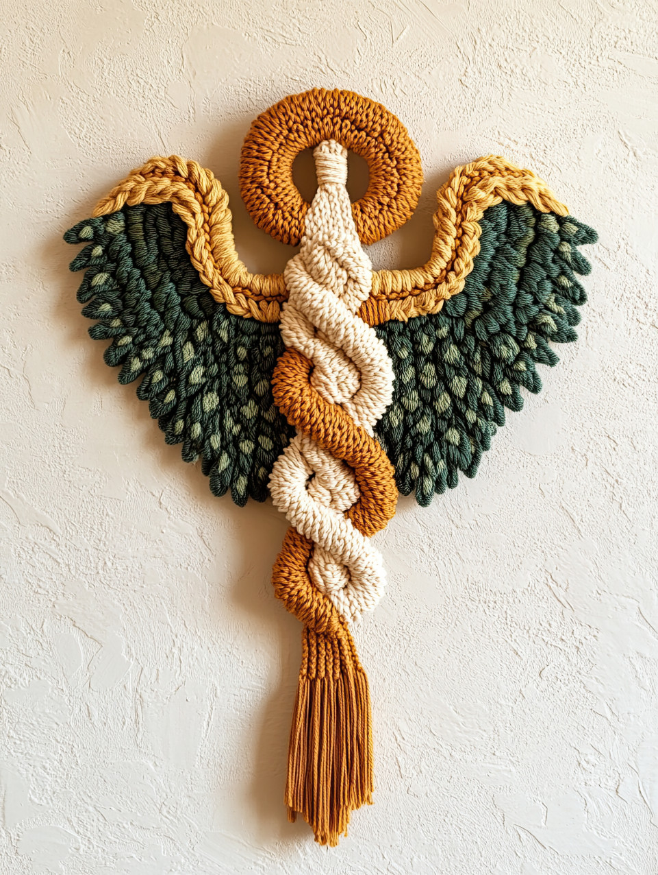 Caduceus with braided macrame threads, blending medical symbolism with fiber art, a unique design for macrame, macrame cord, macrame yarn admirers