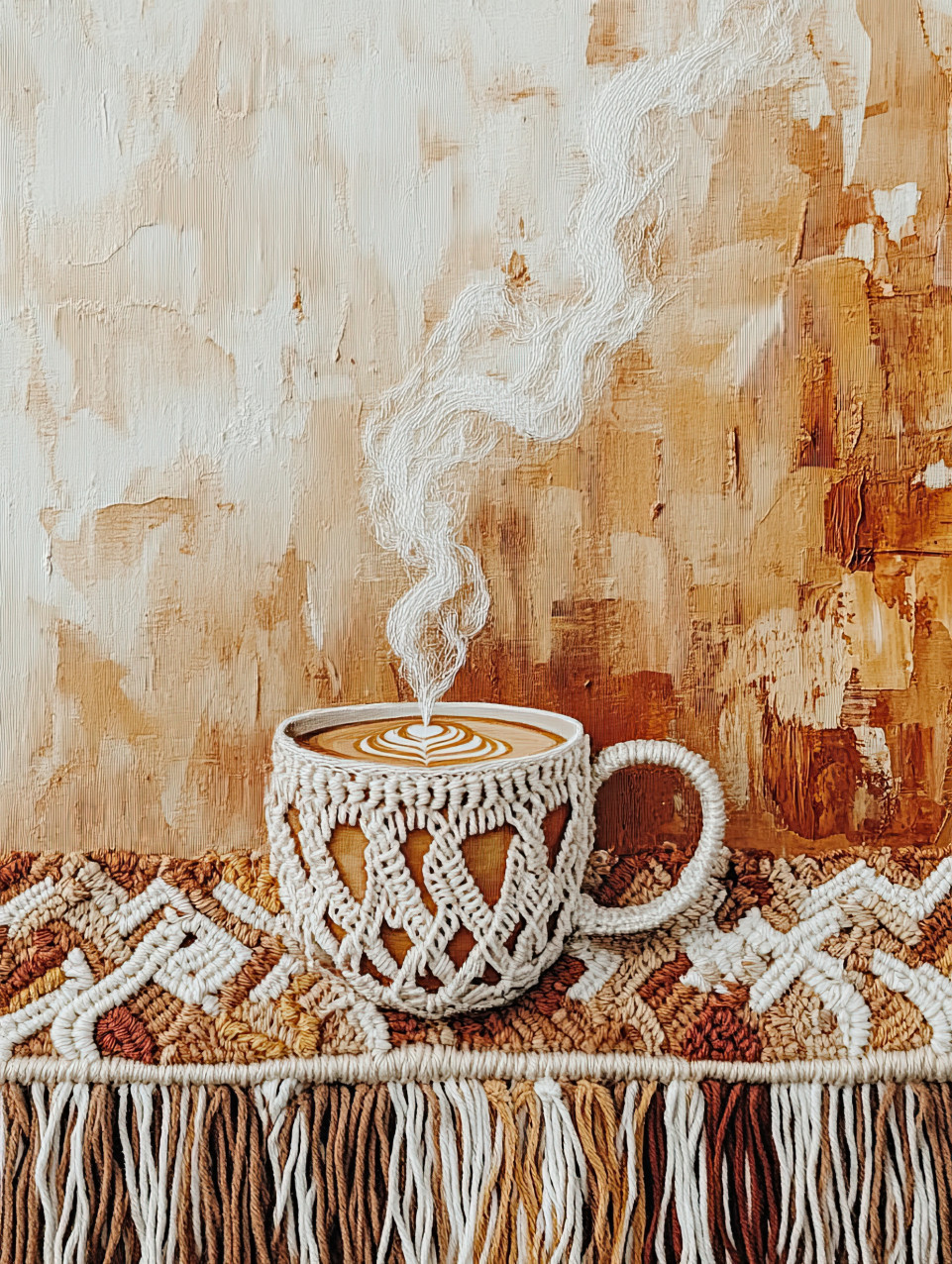 Cup of coffee with macrame steam rising, combining warmth and handcrafted texture, a cozy piece for macrame, macrame cord, macrame yarn fans