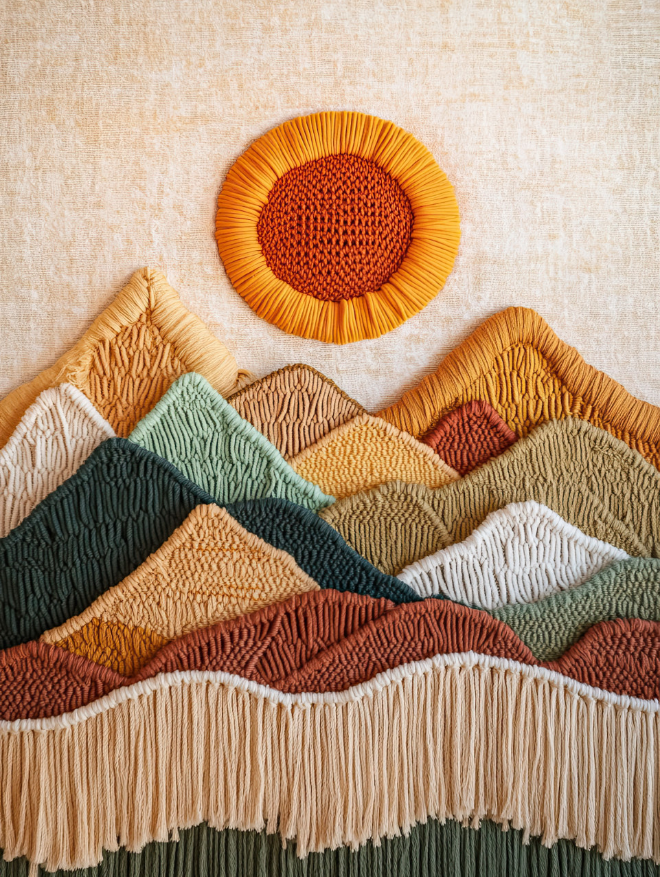 Sun setting behind macrame mountains, capturing nature in woven textures, a beautiful design for macrame, macrame cord, macrame yarn lovers
