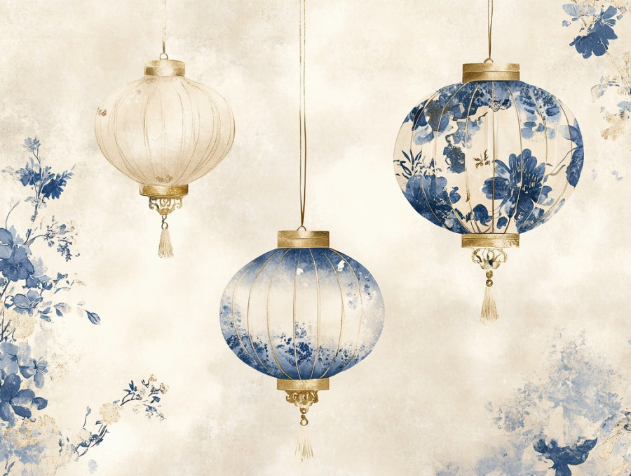 Lanterns floating in a moonlit sky, casting a soft glow over intricate cibulak porcelain patterns, evoking a serene night scene with traditional elegance