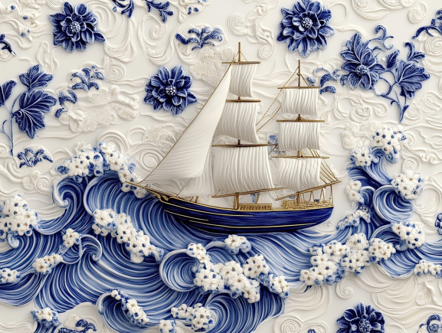 A sailing boat moves through stylized waves, beautifully illustrated in cibulak porcelain, evoking adventure, exploration, and maritime traditions