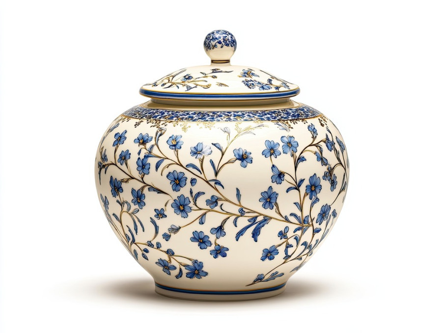 A herbal pot filled with blooming chamomile, adorned with classic cibulak porcelain patterns, representing herbal remedies, wellness, and tradition