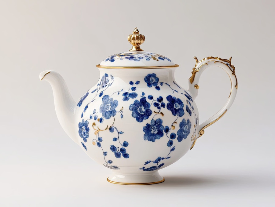 A teapot decorated with grapes and floral motifs, featuring fine cibulak porcelain craftsmanship, symbolizing warmth, hospitality, and classic tea culture
