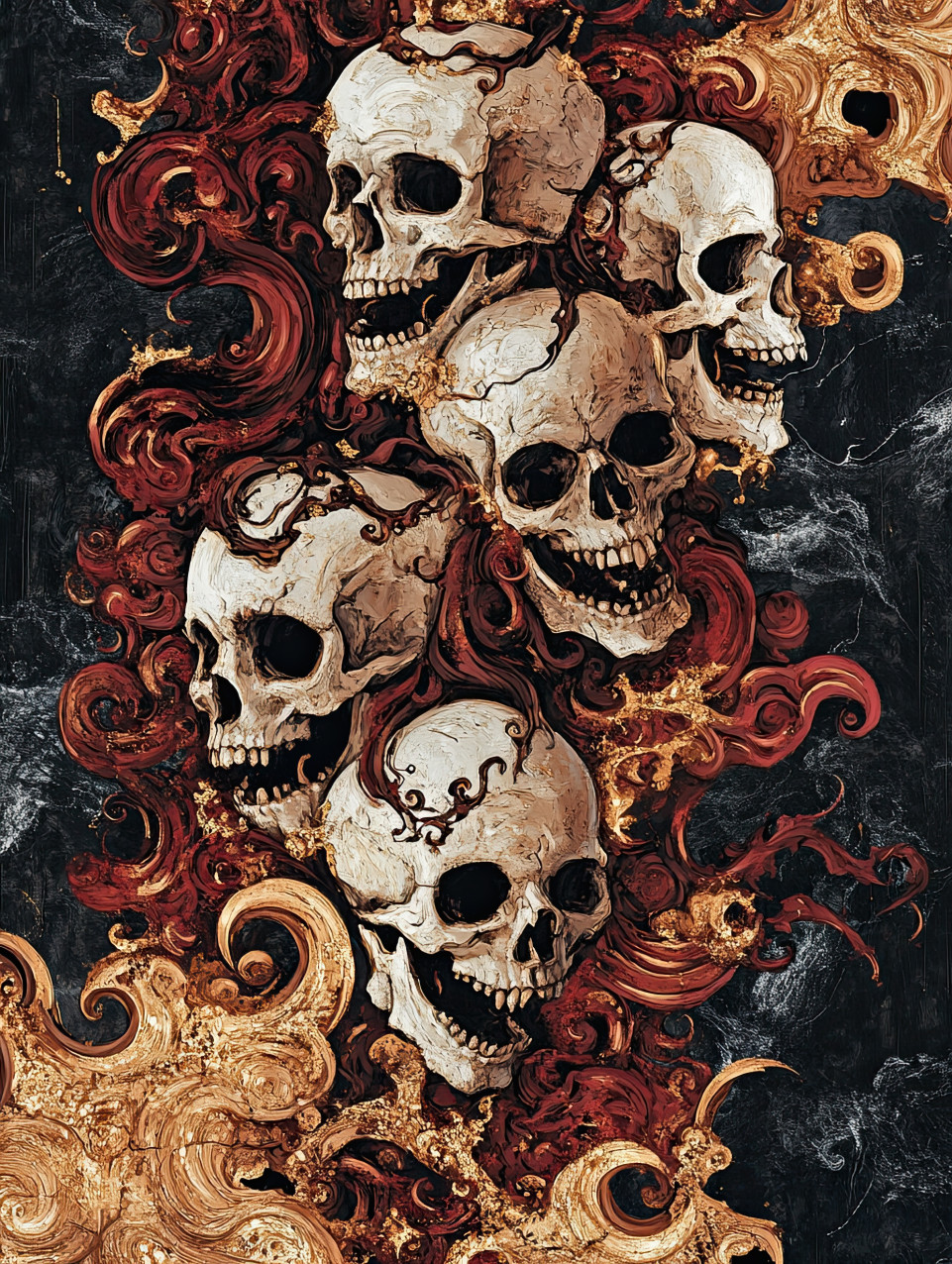 Melting faces merge with screaming skulls, creating a grotesque tapestry of distorted horror, where agony and fear blend into a surreal nightmare