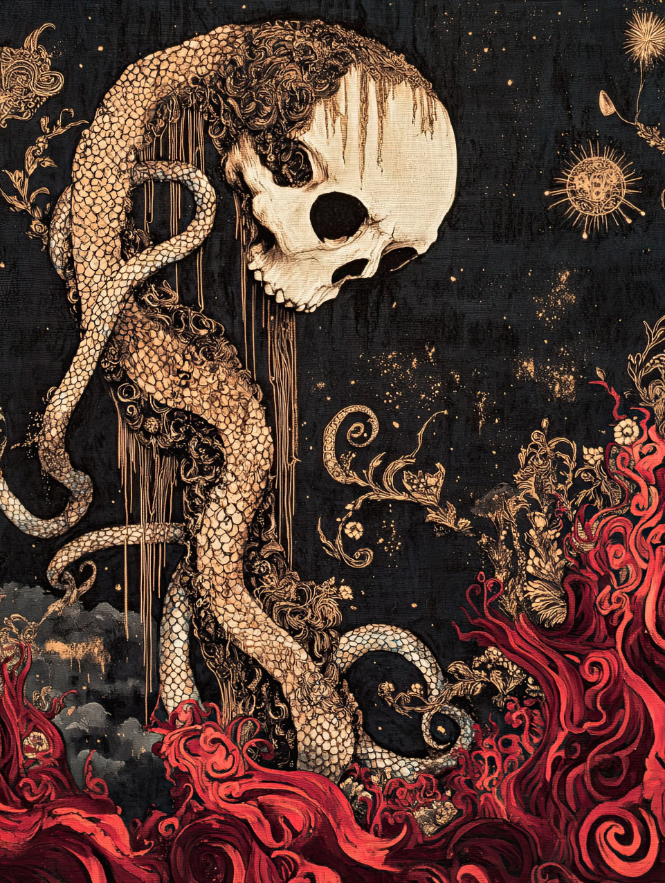 Serpents coil around hollowed bodies, weaving a grotesque tapestry of writhing forms, as their twisted embrace strangles the last remnants of life