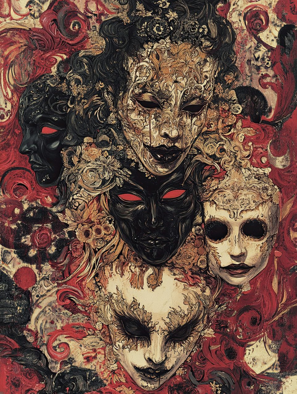 Grinning masks consume their wearers, forming a grotesque tapestry of false identities, where eerie faces devour those who dare to put them on