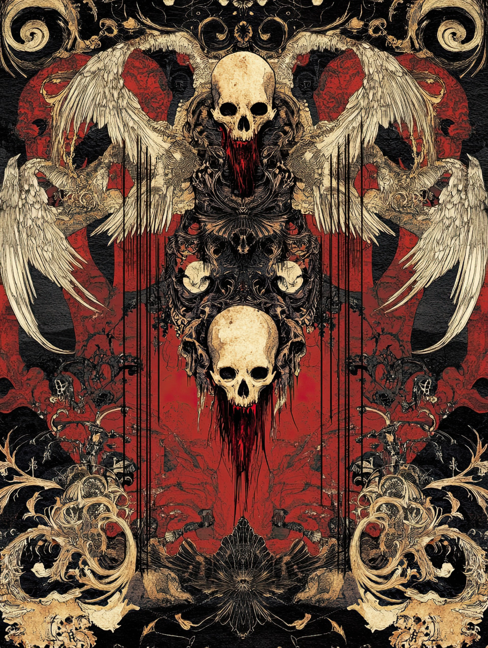 Inverted angels with bleeding halos descend, creating a grotesque tapestry of fallen divinity, where sorrow and suffering replace celestial grace