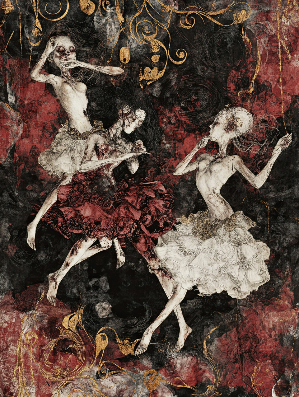 Dismembered dolls dance in a void, forming a grotesque tapestry of lifeless limbs, stitched together in a macabre ballet of eerie movements