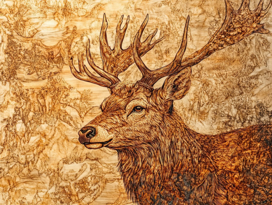 Majestic stag with detailed antlers, finely crafted in pyrogravure, standing tall with a noble stance, nature-inspired artwork, wildlife engraving concept