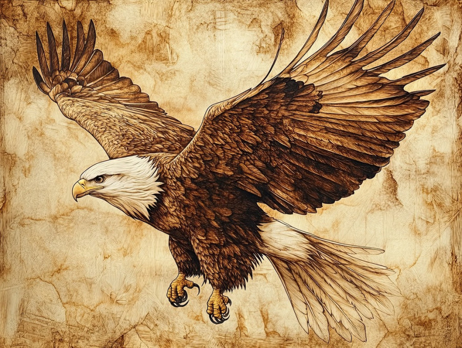 Eagle soaring with wings spread wide, meticulously detailed in pyrogravure, symbolizing freedom and power, intricate woodburning technique, wildlife art
