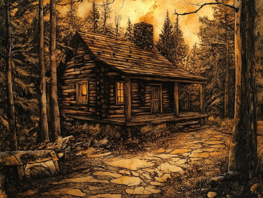 Rustic wooden cabin nestled in a dense forest, depicted through pyrogravure, detailed wood textures, cozy wilderness retreat, traditional craftsmanship concept