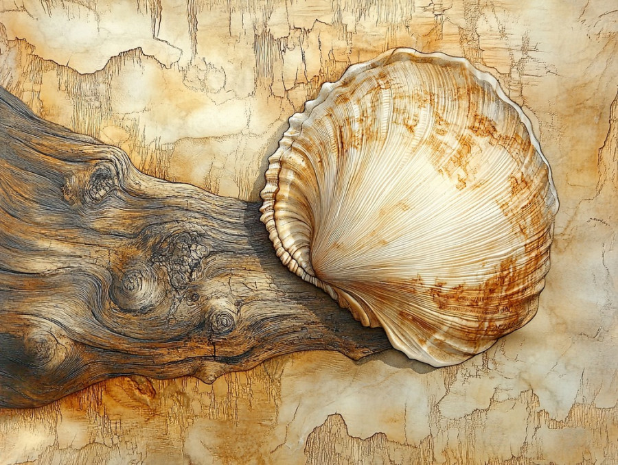 Seashell resting on driftwood, gently shaded in pyrogravure, evoking coastal serenity, nature-inspired engraving, marine life and beach art concept
