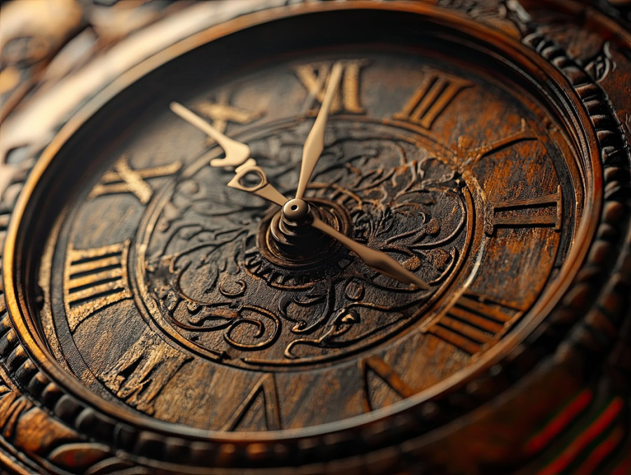 Vintage pocket watch with engraved numerals, precisely etched in pyrogravure, symbolizing time and nostalgia, antique craftsmanship, detailed woodburning art