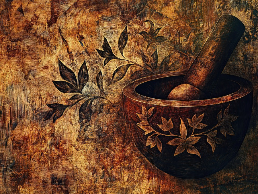 Traditional mortar and pestle with herbal details, carefully rendered in pyrogravure, evoking natural remedies, herbal medicine concept, handcrafted wooden art