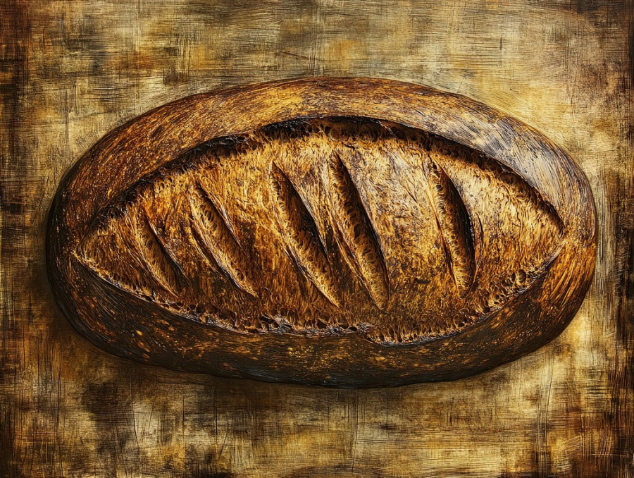 Loaf of bread with rich woodgrain-like crust texture, artistically burned into wood with pyrogravure, rustic bakery theme, handcrafted food illustration