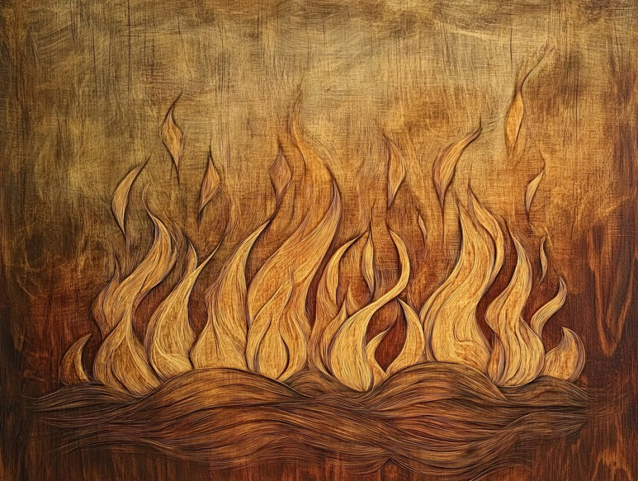 Bonfire with flames curling into smoky tendrils, captured in pyrogravure, evoking warmth and wilderness survival, intricate fire engraving, campfire concept