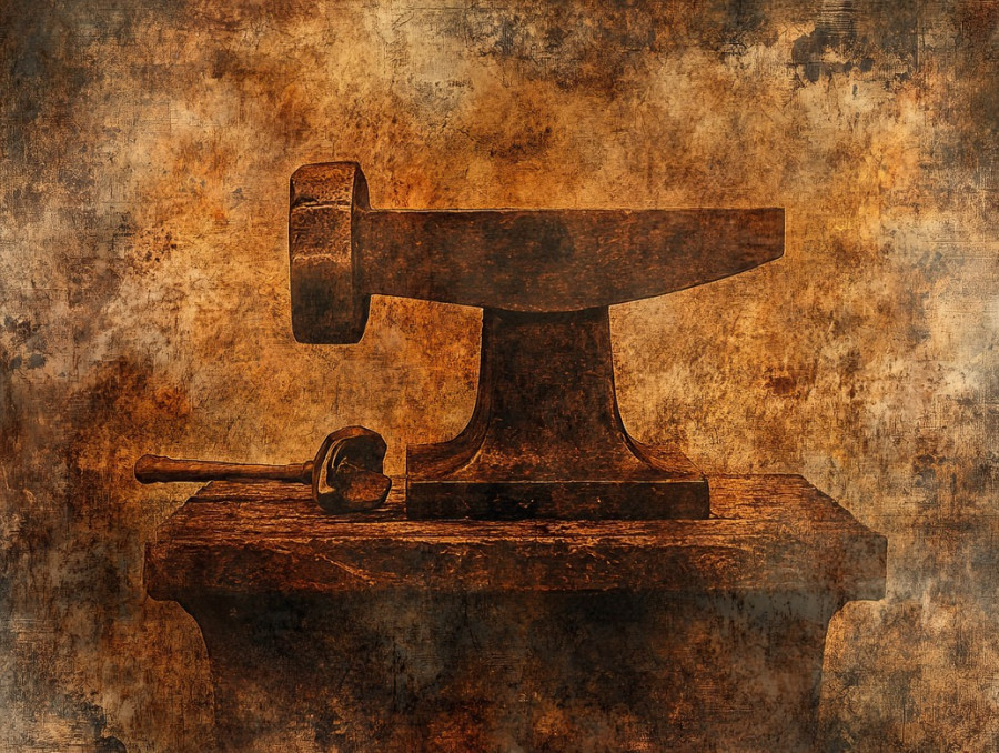 Blacksmith anvil with hammer resting beside it, meticulously etched in pyrogravure, symbolizing craftsmanship and forging, traditional metalwork concept