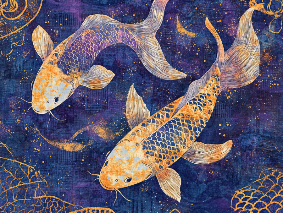 Koi fish with rippling, water like dye patterns in deep blue tones, inspired by shibori, stitched shibori technique creates fluid movement on shibori silk