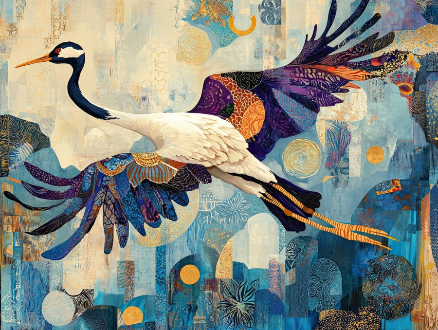 Swirling crane feathers captured in dynamic motion, crafted using stitched shibori, the shibori silk texture mimics wind currents in traditional shibori style