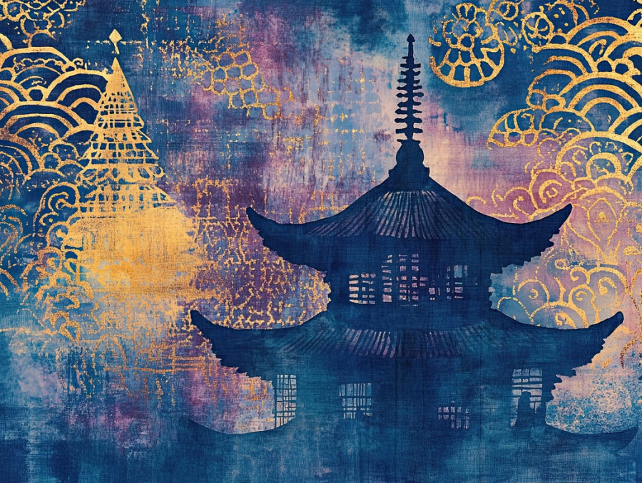 A pagoda silhouette emerges against tie dye cloud formations, created with stitched shibori, shibori silk techniques add soft, dreamlike depth to the image