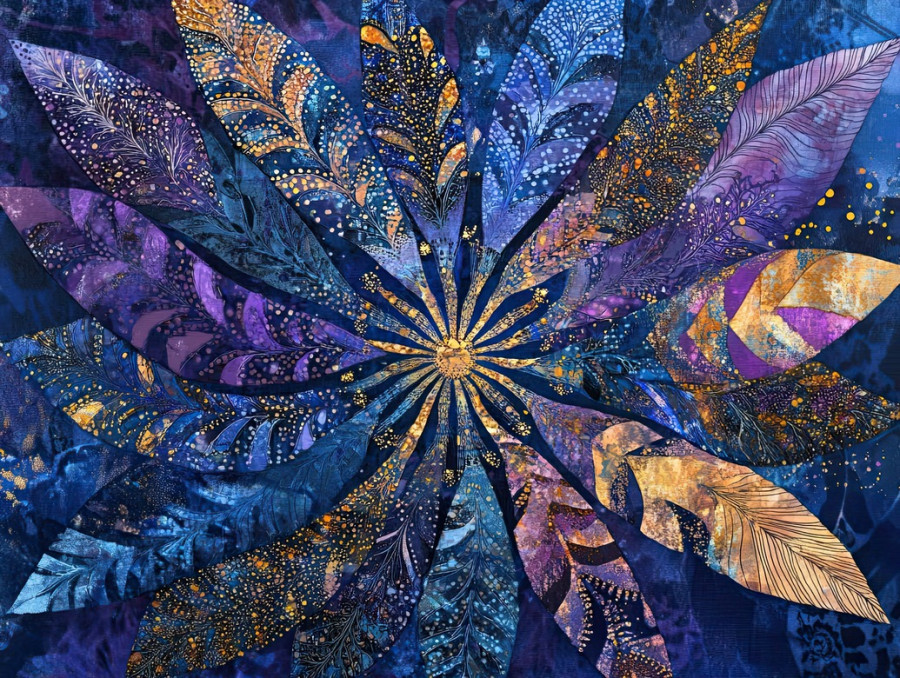 Herbal leaves form a delicate radial burst in organic patterns, crafted with stitched shibori, the shibori silk effect enhances the natural shibori inspired design