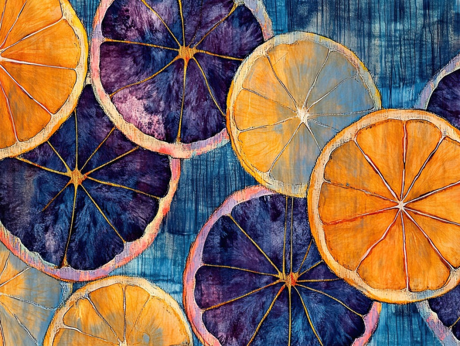 A sliced citrus fruit reveals vibrant, radiating dye lines in stitched shibori style, the shibori silk texture enhances the organic flow of the shibori technique