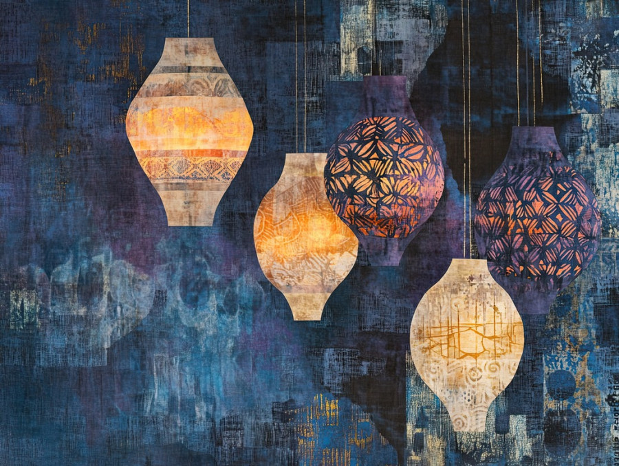 Floating lanterns glow with organic patterns, created with stitched shibori techniques, the shibori silk effect mimics the soft flickering light in traditional shibori