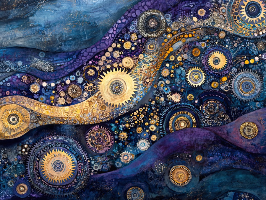 Interlocking gears fade into a wave like design, blending mechanics with stitched shibori, shibori silk enhances the fluid movement of traditional shibori patterns