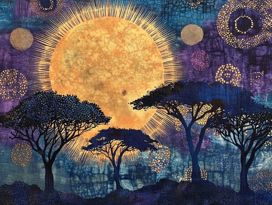 A sunburst sky with tree silhouettes, created with stitched shibori, the shibori silk texture captures natural light diffusion in a soft shibori inspired style