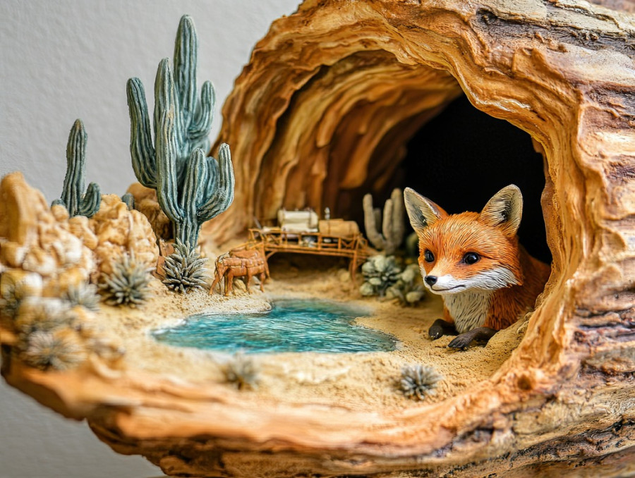 Curious fox peeks from a hollow log in a miniature forest scene, capturing wildlife and nature in a charming diorama