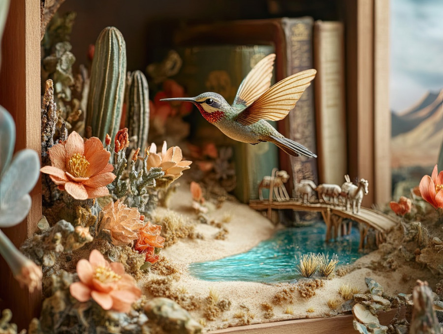 Hummingbird hovers over blooming flowers in a colorful diorama, showcasing nature, pollination, and delicate movement