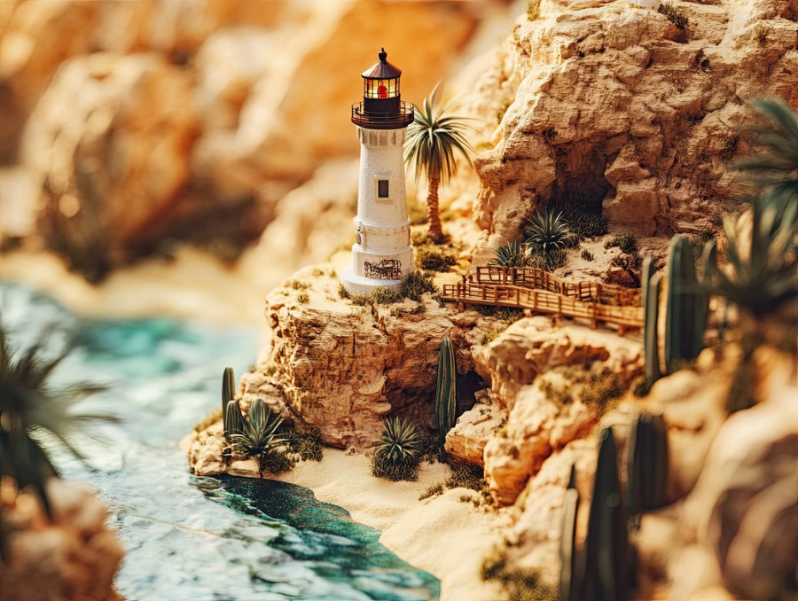Lighthouse stands on a rocky cliff in a scenic diorama, symbolizing guidance, safety, and coastal landscapes