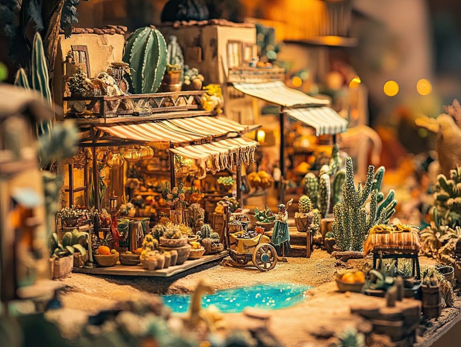 Vintage marketplace with tiny storefronts in a nostalgic diorama, featuring classic shops, cobblestone streets, and old world charm