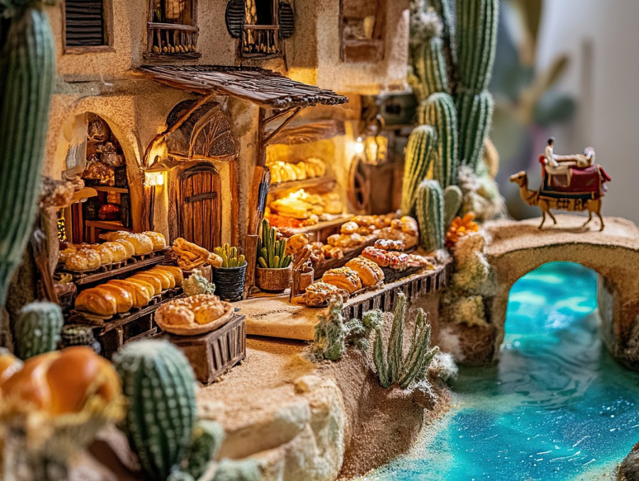Bakery with miniature bread and pastries in a charming diorama, highlighting fresh baked goods, warmth, and craftsmanship