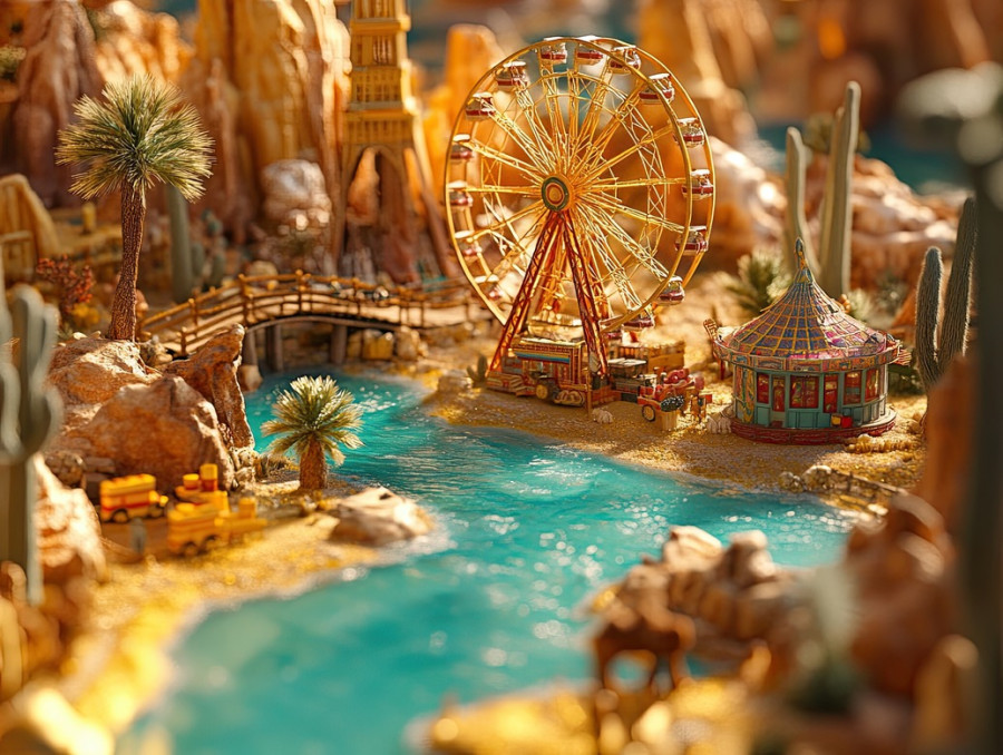 Carnival scene with a ferris wheel in the background, a lively diorama capturing fun, nostalgia, and amusement park magic