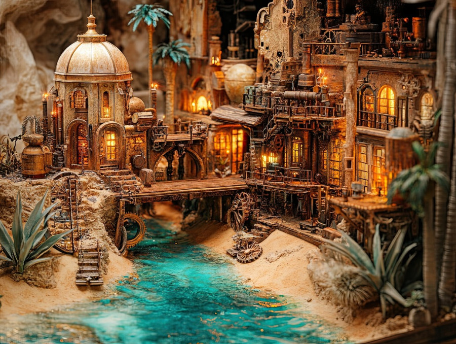 Steam powered factory with turning gears in a detailed diorama, showcasing industrial revolution, machinery, and innovation