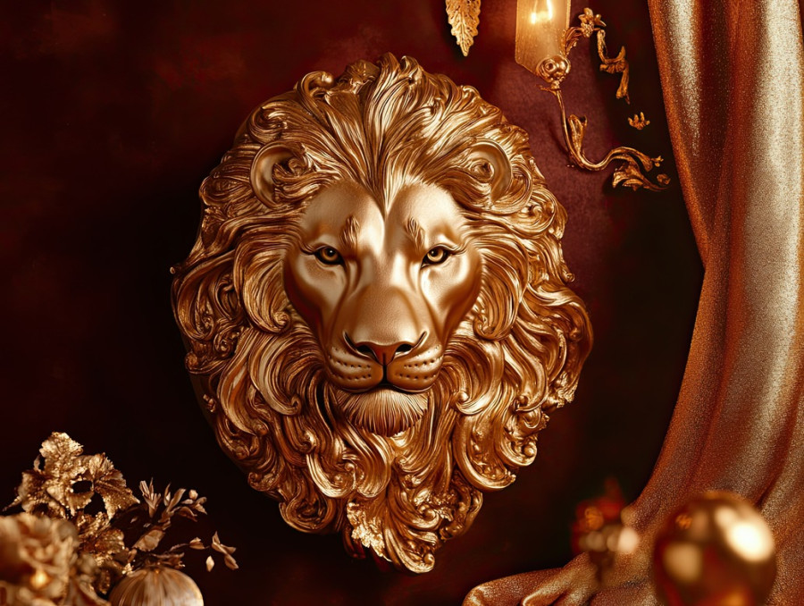 Regal lion head with a flowing golden mane detailed in gold leafing, majestic expression, symbolizing strength and royalty, edible gold leaf, luxury concept