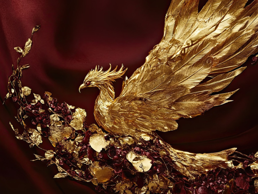 Phoenix rising with shimmering gold feathers, glowing with rebirth and power, gold leafing enhances the fiery elegance, edible gold leaf, mythical legend
