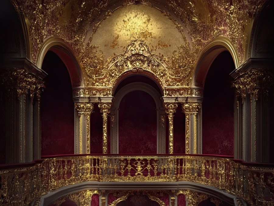 Domed palace with gilded accents shining under sunlight, elegant architecture detailed in gold leafing, edible gold leaf, royal grandeur concept