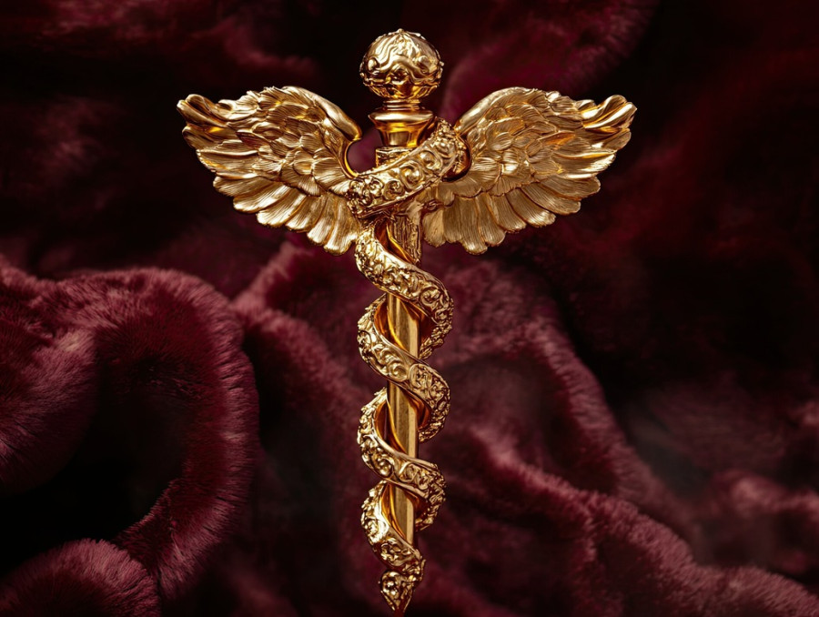 Delicate golden caduceus with fine details symbolizing medicine and healing, gold leafing enhances the intricate design, edible gold leaf, healthcare emblem