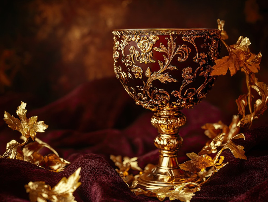 Chalice wrapped in curling golden vines, symbolizing divine elegance, gold leafing highlights the intricate craftsmanship, edible gold leaf, sacred artifact