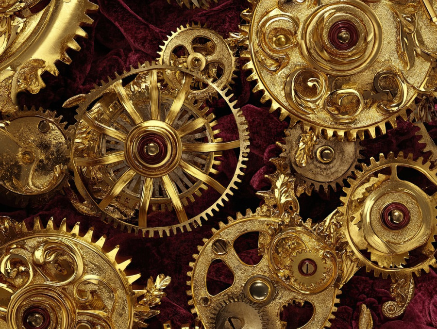Gilded clock gears interlocking in motion, symbolizing precision and time passage, gold leafing enhances mechanical beauty, edible gold leaf, vintage machinery