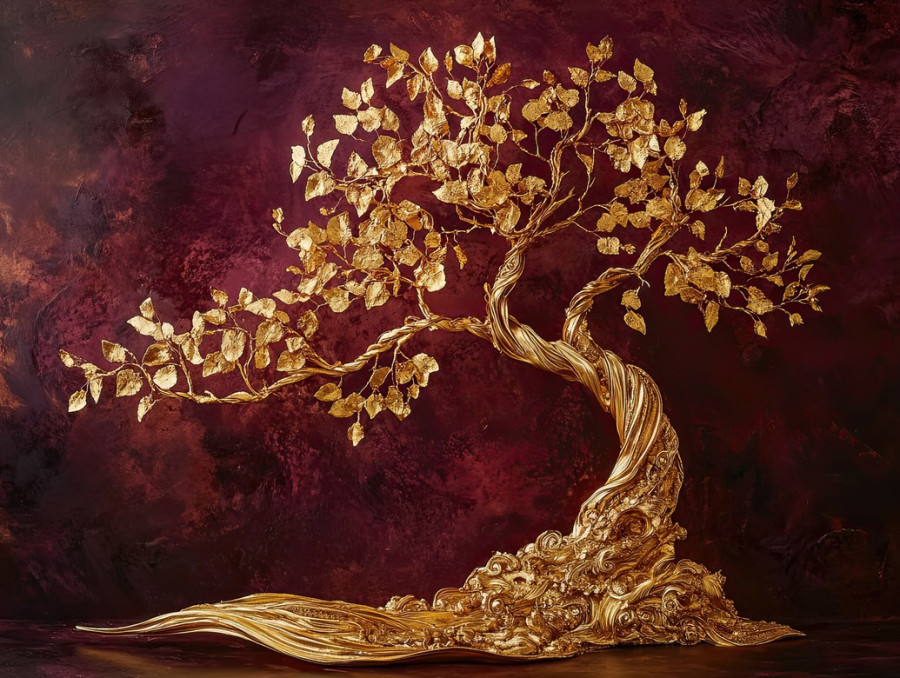 Golden tree with swirling branches, glowing with nature elegance, gold leafing highlights the organic form, edible gold leaf, tree of life concept