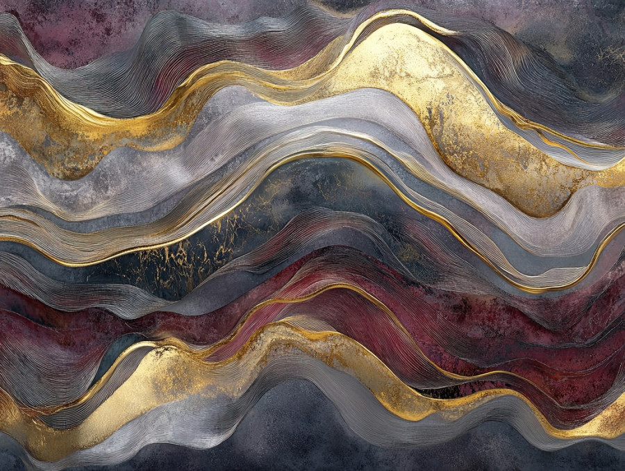 Ocean waves ripple with fluid, striated patterns, mimicking mokume gane, flowing metal like layers create a dynamic and organic water texture