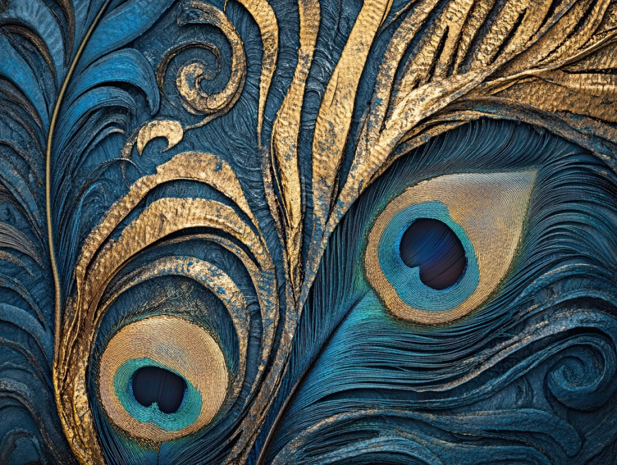 Peacock feathers with intricate swirling vein like textures, resembling mokume gane, layered metallic patterns enhance the organic feather design