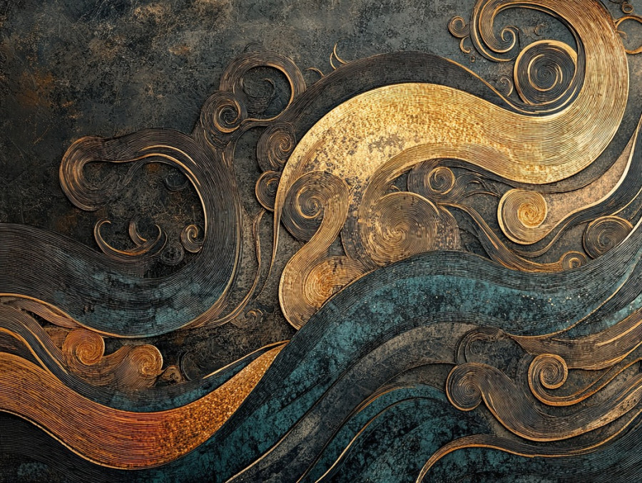 Temple roof adorned with layered woodgrain textures, echoing mokume gane, organic, flowing metal like patterns add depth to the architectural details