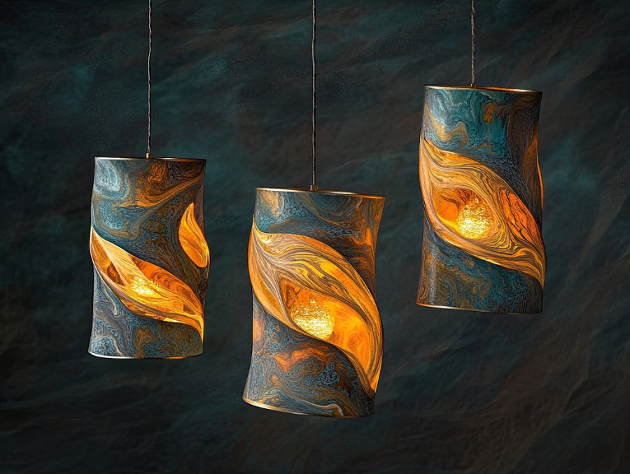 Floating lanterns glow with flame like marbled patterns, inspired by mokume gane, the swirling, molten metal texture enhances their ethereal appearance
