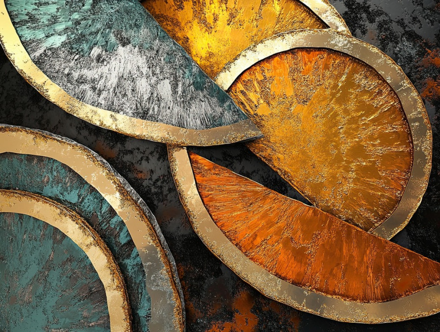 Sliced citrus with layered, ringed textures, blending natural detail with mokume gane, the swirling metallic patterns resemble organic fruit fibers