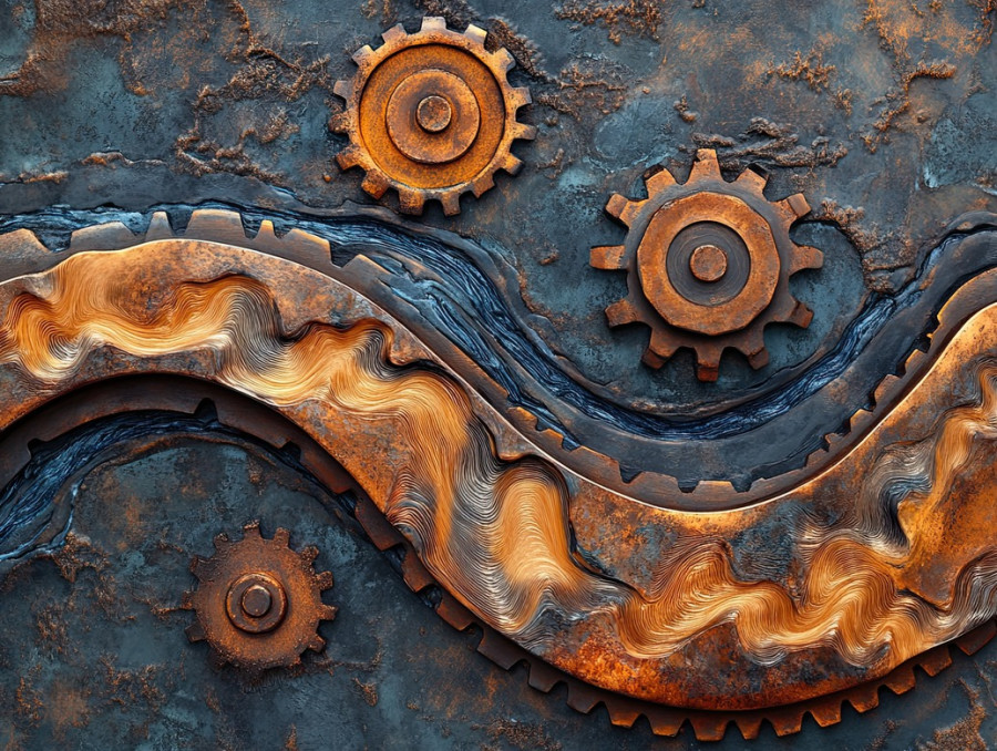 Forged gears with molten, wavy textures, showcasing mokume gane artistry, the layered metal swirls add depth and movement to industrial design